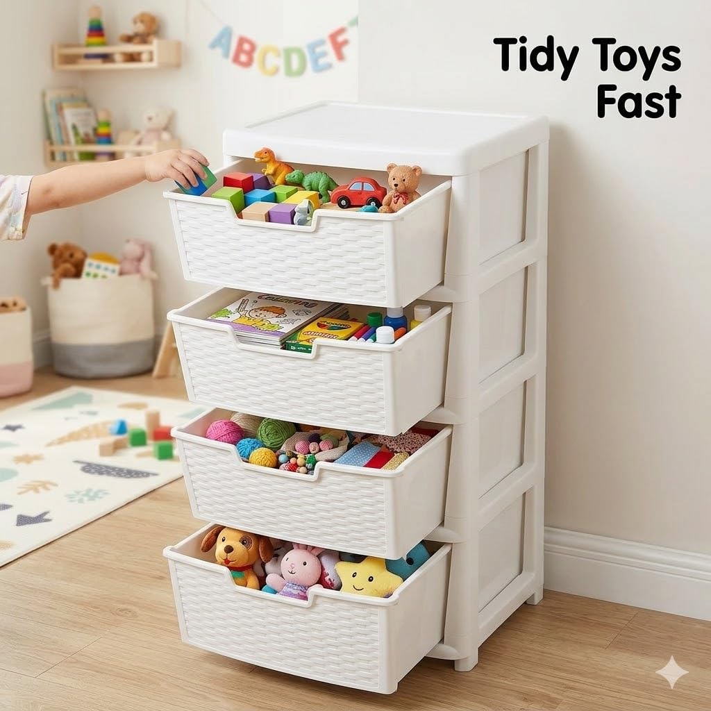 Kaanco Large Plastic Storage Drawers Rattan Effect Storage Unit Tower Space Saving Plastic Drawers for Bedroom Office Kitchen Laundry Bathroom Clothes Toy Home Organisation (4 Tier Rattan White) - Image 7