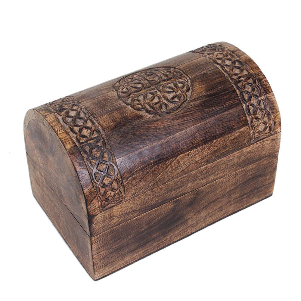 Ajuny Women's White Brown Large Wooden Keepsake Jewellery Box - Hand-Carved Celtic Knot Carvings, Multipurpose Memory Trinket Storage Organiser - 7.5X4.5x4.5 In - Gift For & Men