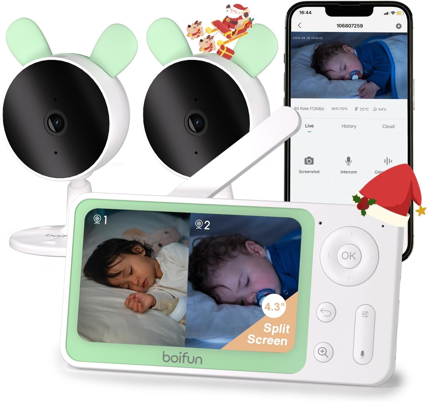 BOIFUN Baby Monitor, 1080P WiFi Baby Camera via Screen and App Control, Video Recording, Playback, Night Vision, Two-Way Audio, Motion & Sound Detection, Area Alarm