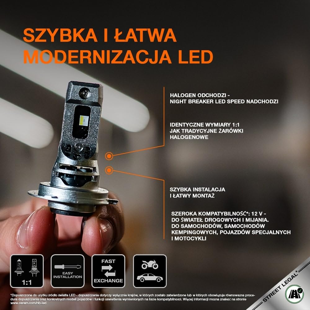 OSRAM NIGHT BREAKER LED SPEED H7 450 do motocykli, lampa LED do motocykli z homologacją drogową, do 450% większa jasność, 6000K, szybki montaż, nie wymaga akcesoriów mechanicznych, 1 lampa