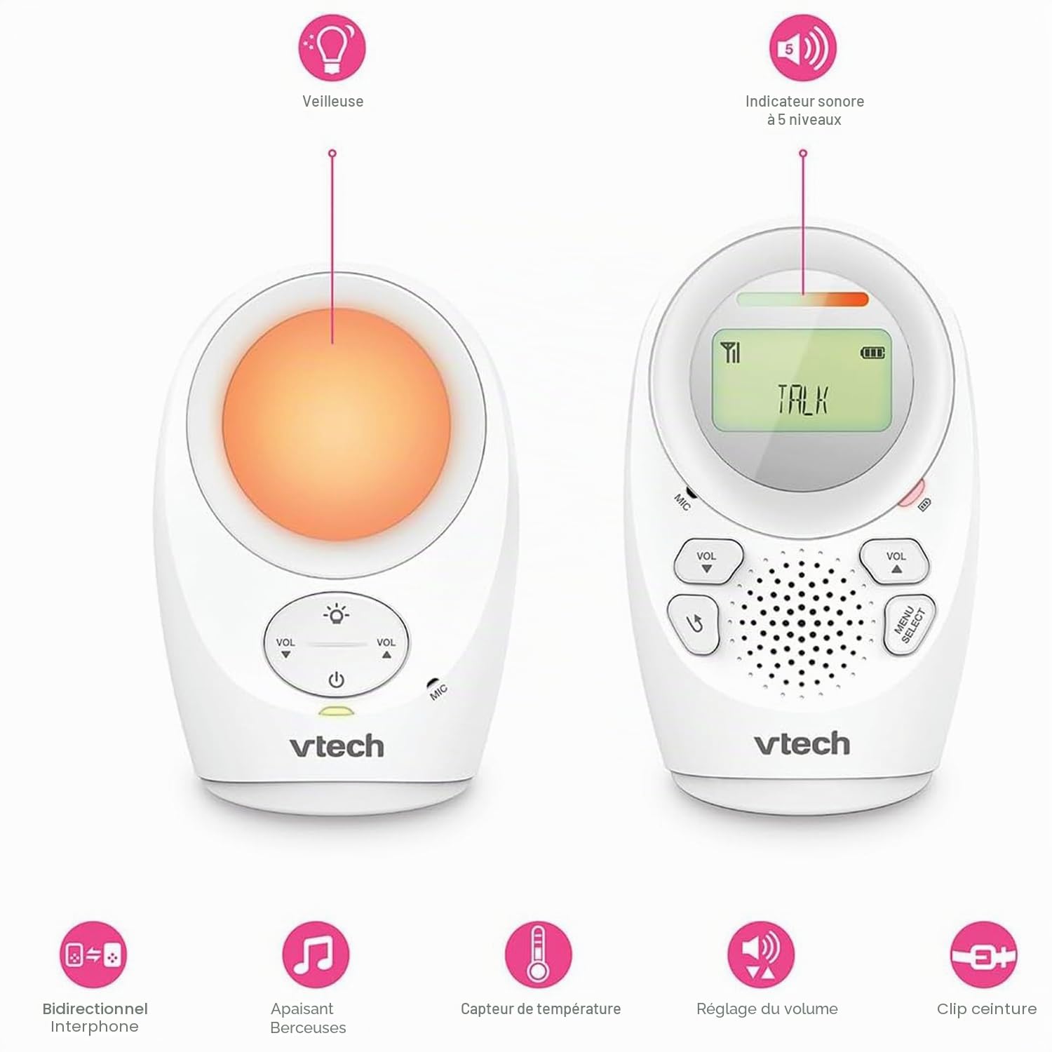 VTech DM1211 Babyphone Audio Numérique – avec Technologie DECT, Fonction Interphone, Affichage de Volume LCD, Capteur de Température, Veilleuse et Bien Plus – Unité Parentale et Unité Bébé