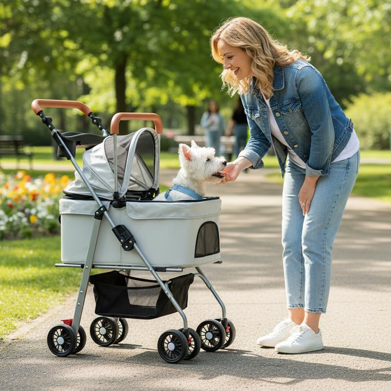 Simcat Haustierwagen für kleine Hunde und Katzen, faltbarer Katzen- und Hundewagen für mittelgroße Hunde mit 360° verschleißfesten Gummirädern Hunde-Reisetasche (Grau)