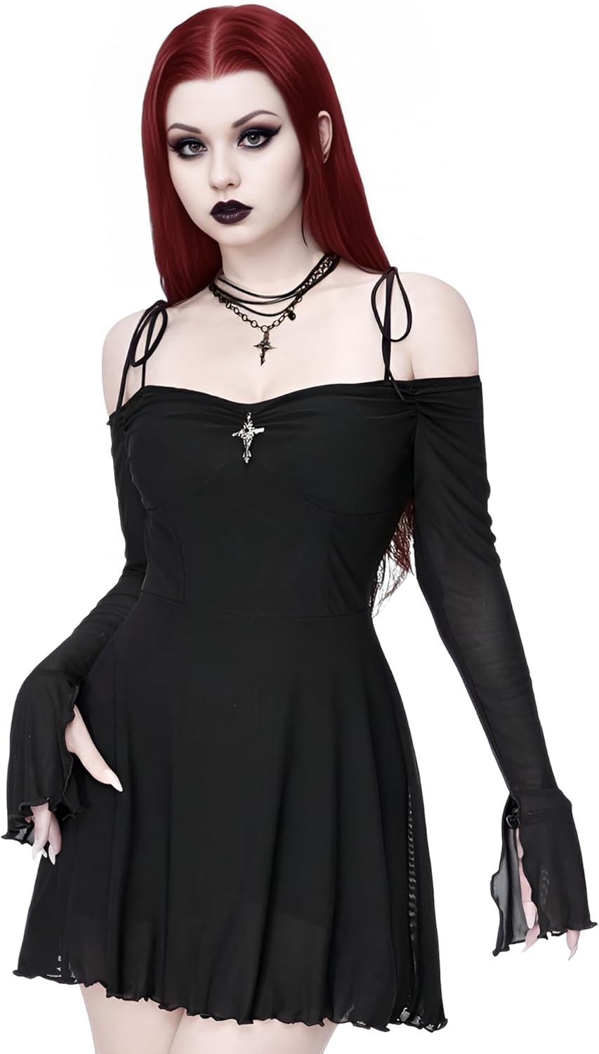 LANSHULAN Women Goth Sexy Off-Shoulder Mesh Bodycon Gothic Dress with Twist Knot and Pendant - Image 2