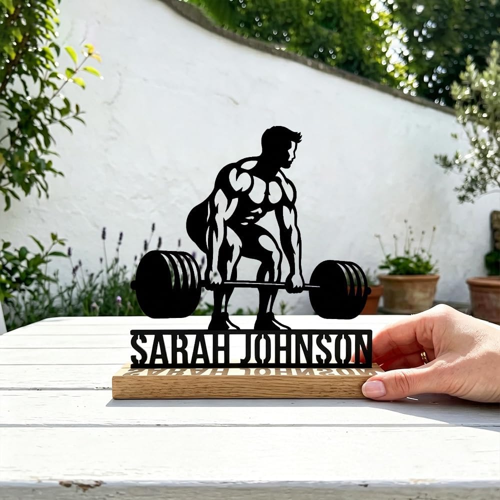 Custom Weightlifter Metal Sign with Wooden Base Personalized Fitness Decor