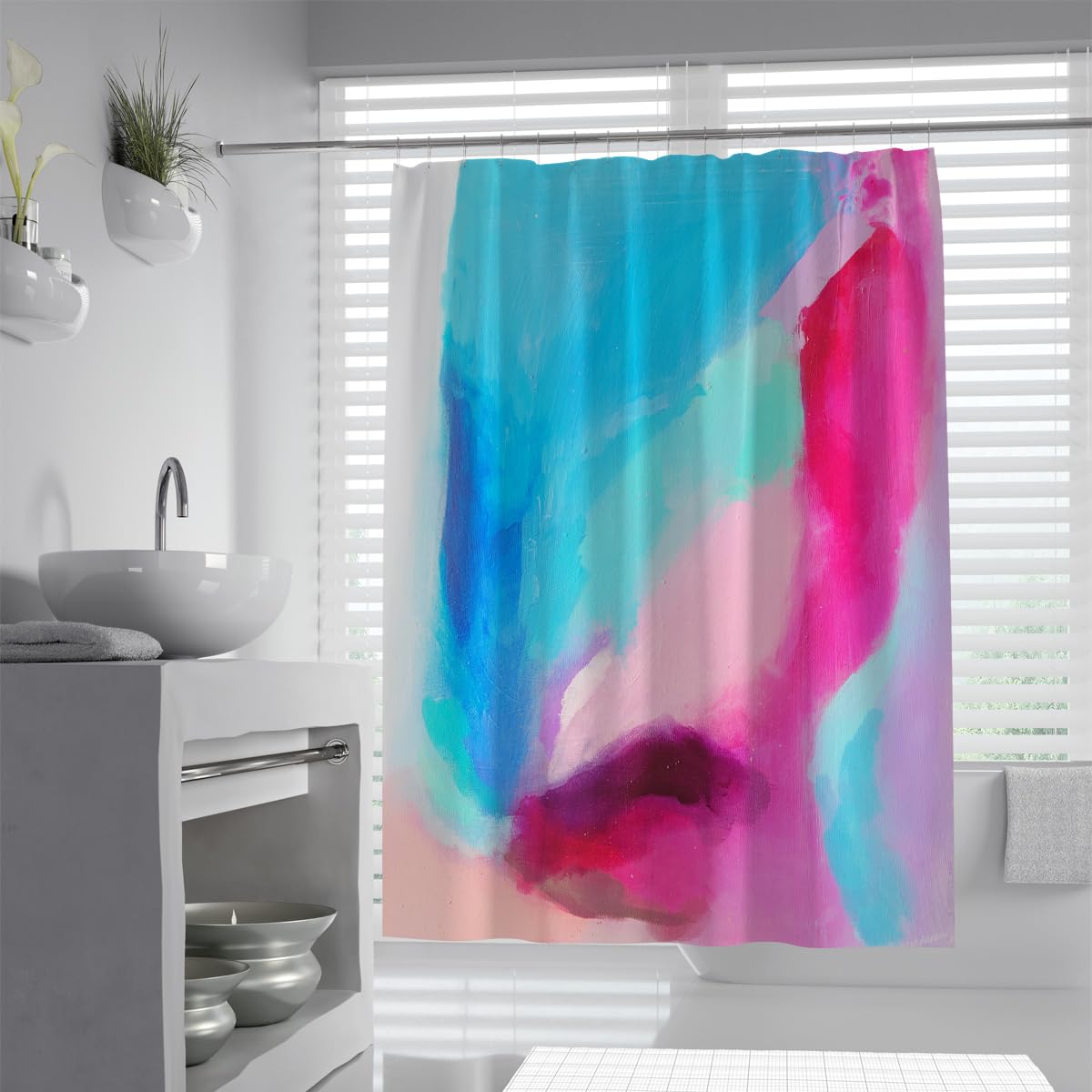 UIRINGART Abstract Shower Curtains W100xL200cm Blue Pink Purple Cyan Colorful Texture Block Pattern Mildew Mould Resistant Polyester Fabric Bathroom Wet Rooms