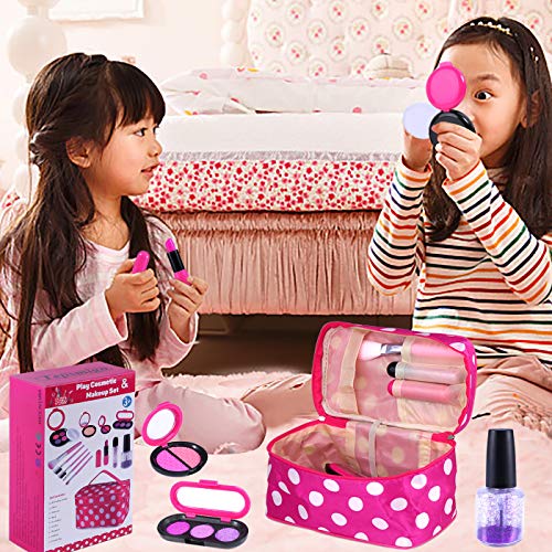 TEPSMIGO Pretend Makeup Kit with Cosmetic Bag for Girls 4-10 Year Old - Including Pink Brushes, Eye Shadows, Lipstick, Nail Polish, Mirrors, Glitter Pot, Puff Pad and More
