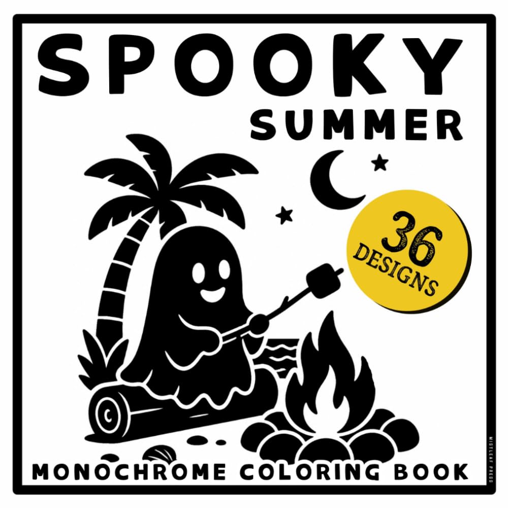 Spooky Summer Monochrome Coloring Book: 36 Cozy Summerween Scenes With One Color. Haunted Beaches, Spooky Boardwalks, and Moonlit Shores With a Dotted Guide