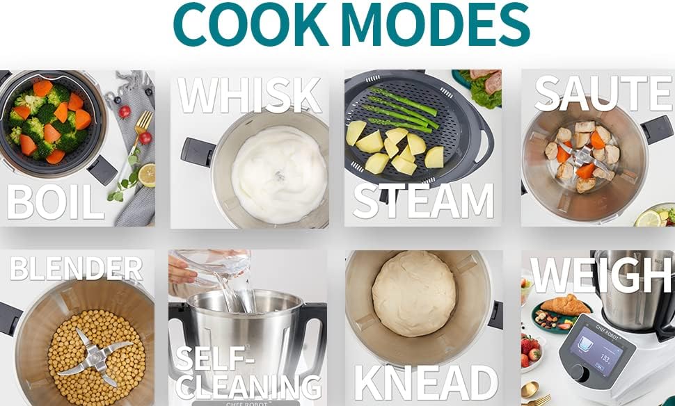 Graphic showing various cooking modes: Boil, Whisk, Steam, Saute, Blender, Self-Cleaning, Knead, Weigh