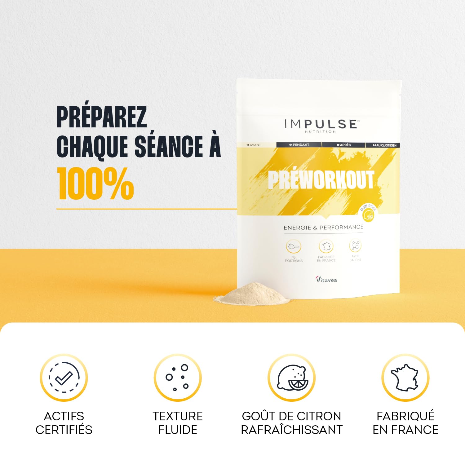 Impulse Nutrition - Préworkout Citron - 200mg Caféine - Cure 18 jours | Énergie, Focus & Performance - Congestion & Endurance Optimale - 200mg Caféine, BCAA, Bêta-alanine - Fabriqué en France