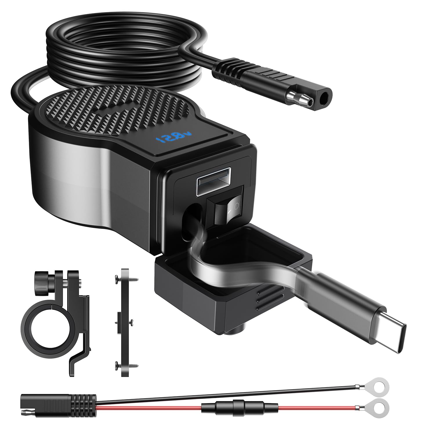 Funio Motorcycle Quick Charger with Voltage Display and Multiple Protection, Waterproof & Dustproof, Stretchable Charging Cable, USB-C Port, Handlebar & Flat Surface Installation