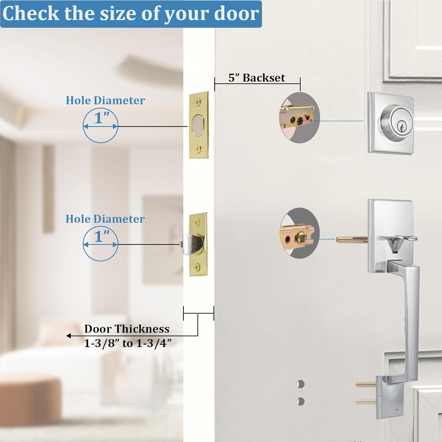 5-Inch Deadlatch & Deadbolt Latch Combo Door Lock Replacement Parts with Square Interface Fit 5 Inch Backset Standard Entry Doors Knobset or 90°Rotation Leverset, Polished Brass