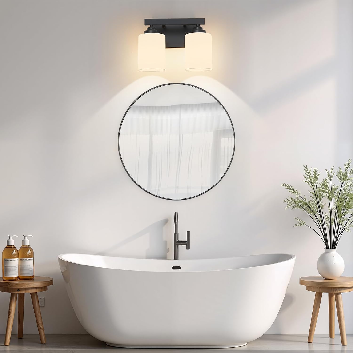 Bathroom Light Fixtures Over Mirror,2-Light Matte Black Wall Sconce Vanity Lights with Milk White Frosted Glass Shades for Bathroom,Vanity Lighting Fixtures for Bath