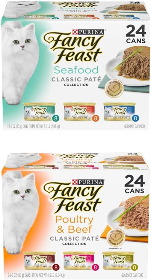 Purina Fancy Feast Grain Free Pate Wet Cat Food Variety Pack, Seafood Classic Pate Collection and Poultry & Beef Collection
