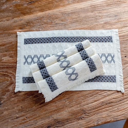 Set de table avec pompons gris beige au tissage géométrique raffiné - 4