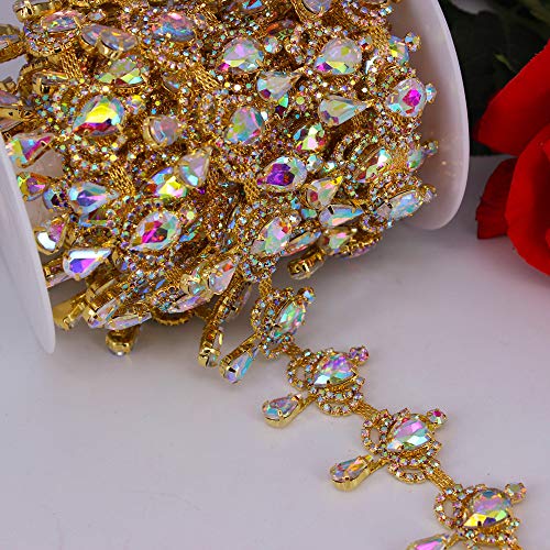 Phicmanlo 1 Yard Ab Fringe Rhinestone Chain Trim Crown Shape Holographic Crystal Welding Trimming Belt Bridal Beaded Trim Applique (Gold Ab) #TOP3