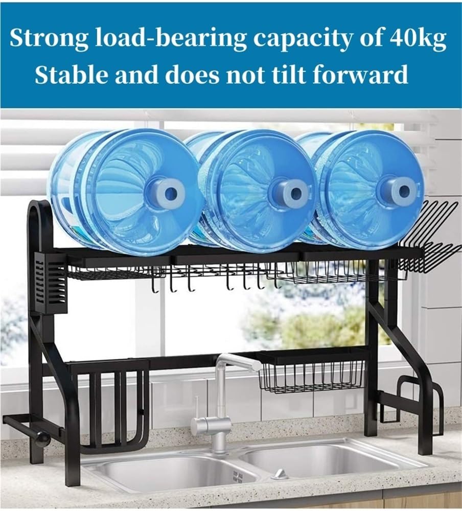 Lar - Scolapiatti regolabile sopra il lavello, a due ripiani, in acciaio inox, da 85 cm a 90 cm, con supporto Hoo e tagliere, per piatti e piatti