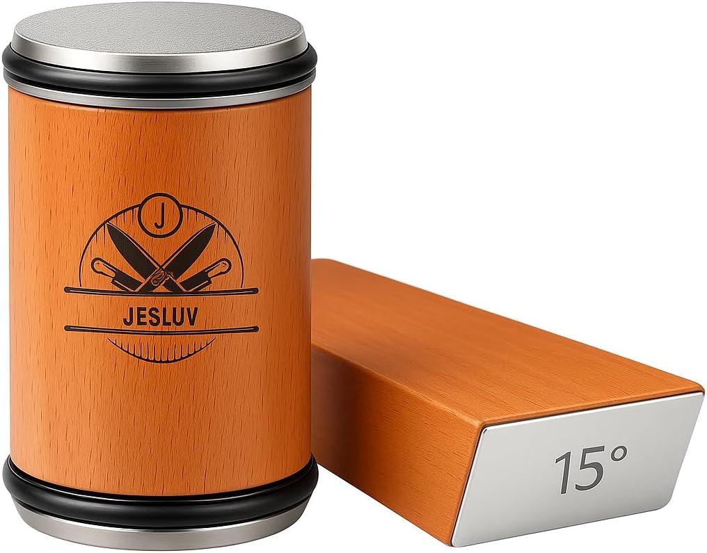 Rolling Knife Sharpener Set - Professional Knife Sharpening Kit with Roller Tool & Angled Magnetic Holder - Diamond & Stainless Steel Honing Disc Sharpens Different Knife Edges - Hardwood Body