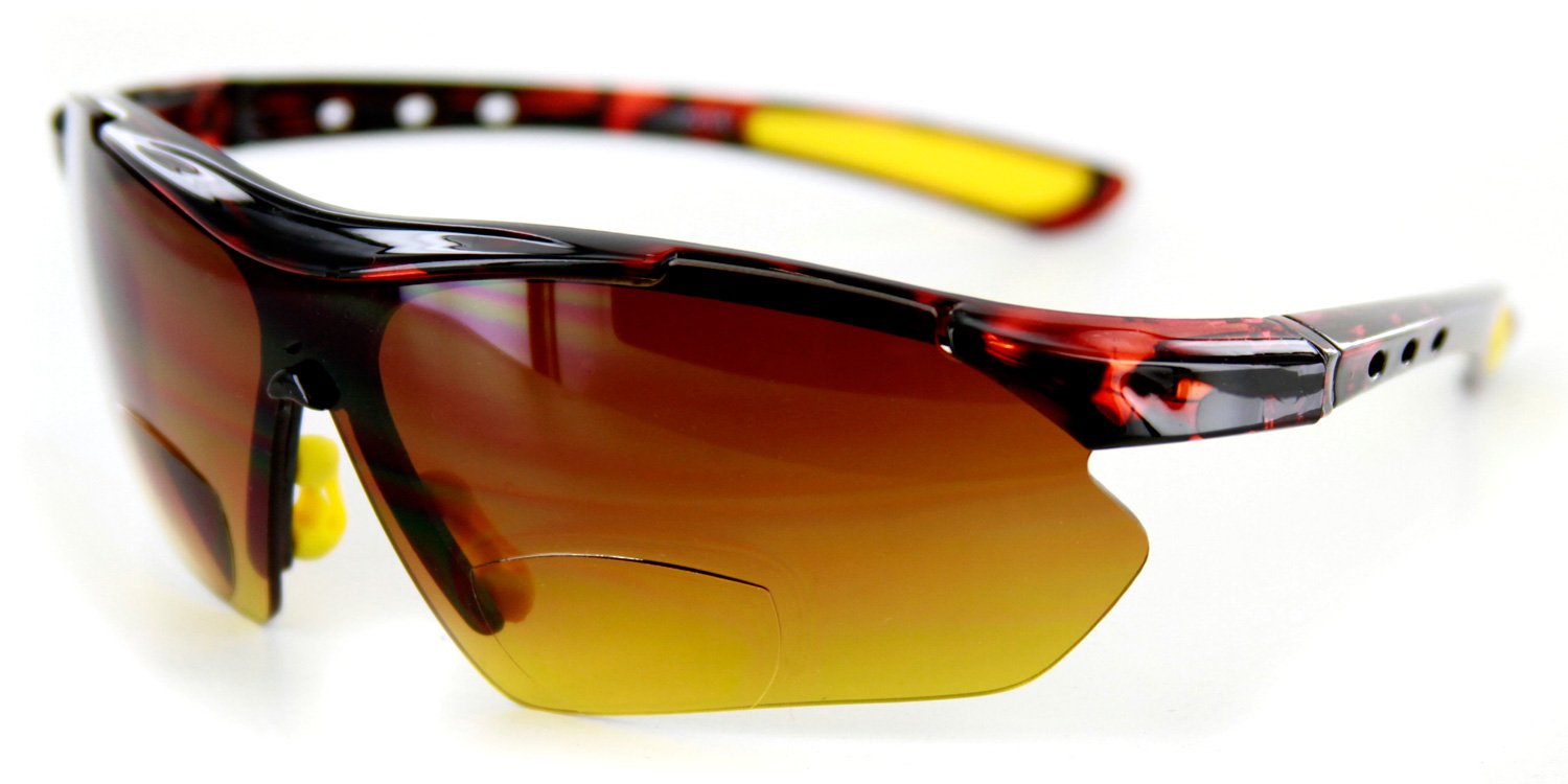 Daredevil Fashion Bifocal Sunglasses with Wrap-Around Sports Design and Anti-Glare Coating for Youthful and Active Men (Tortoise + Yellow w/ Amber +1.50)