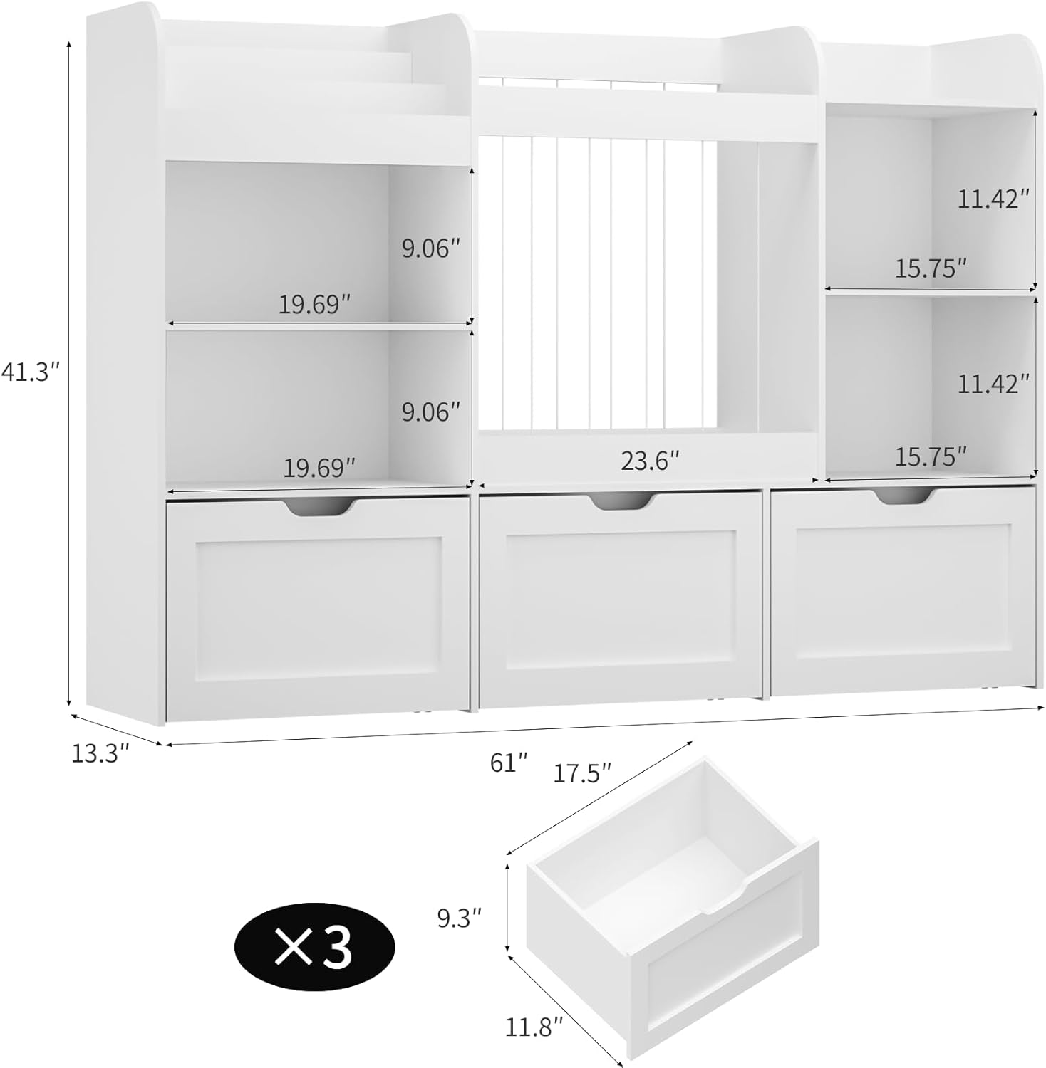 61" W Extra Large Kids Toy Storage Organizer with Bookshelf and Stuffed Animal Storage, 3 Large Movable Drawers, 4 Compartments & 3-Tier Shelves for Kids Room, Playroom, White
