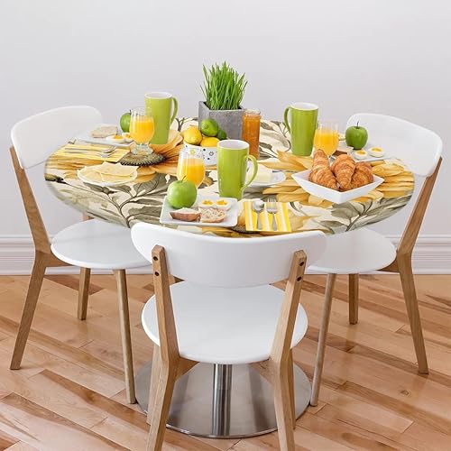 Vista 104 de Mantel redondo ajustable con borde elástico, mantel de hojas coloridas abstractas, impermeable, lavable, para mesas redondas, ideal para picnic