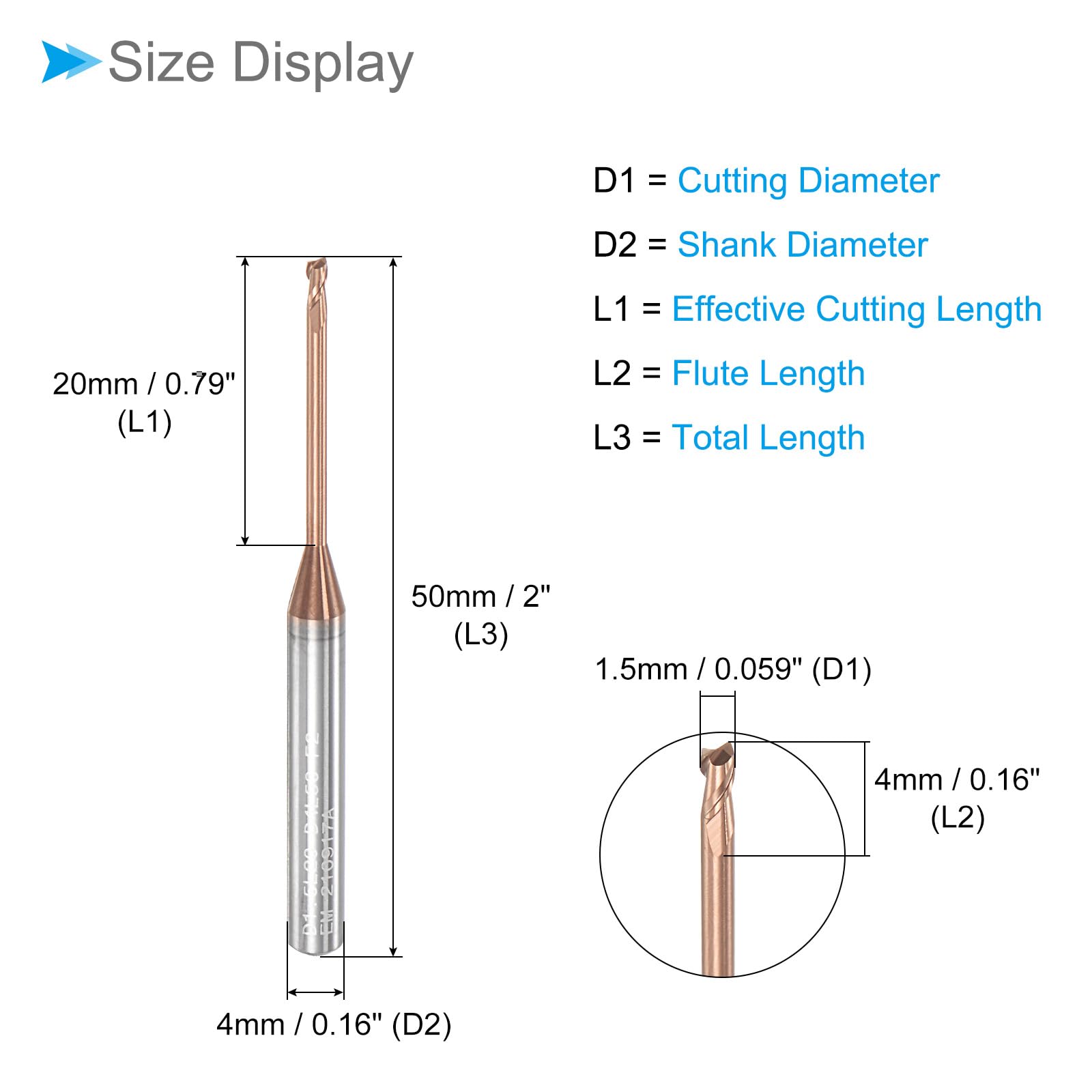 Fraise à Nez Carré, Coupe 1,5 mm x 20 mm, Mèches de Routeur CNC à 2 Cannelures en Carbure Revêtu de Titane (Nano-Échelle) à Longue Portée – (Pour Acier Inoxydable Fonte Métal)
