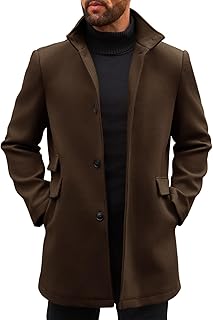 Mens Pea Coats Single Breasted Stand Collar Casual Slim Fit Trench Coat Mid Long Winter Overcoat with Pockets