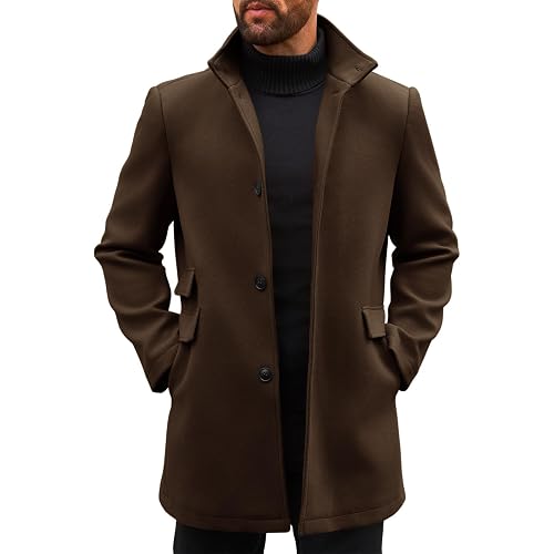 Runcati Mens Pea Coats Single Breasted Stand Collar Casual Slim Fit Trench Coat Mid Long Winter Overcoat with Pockets