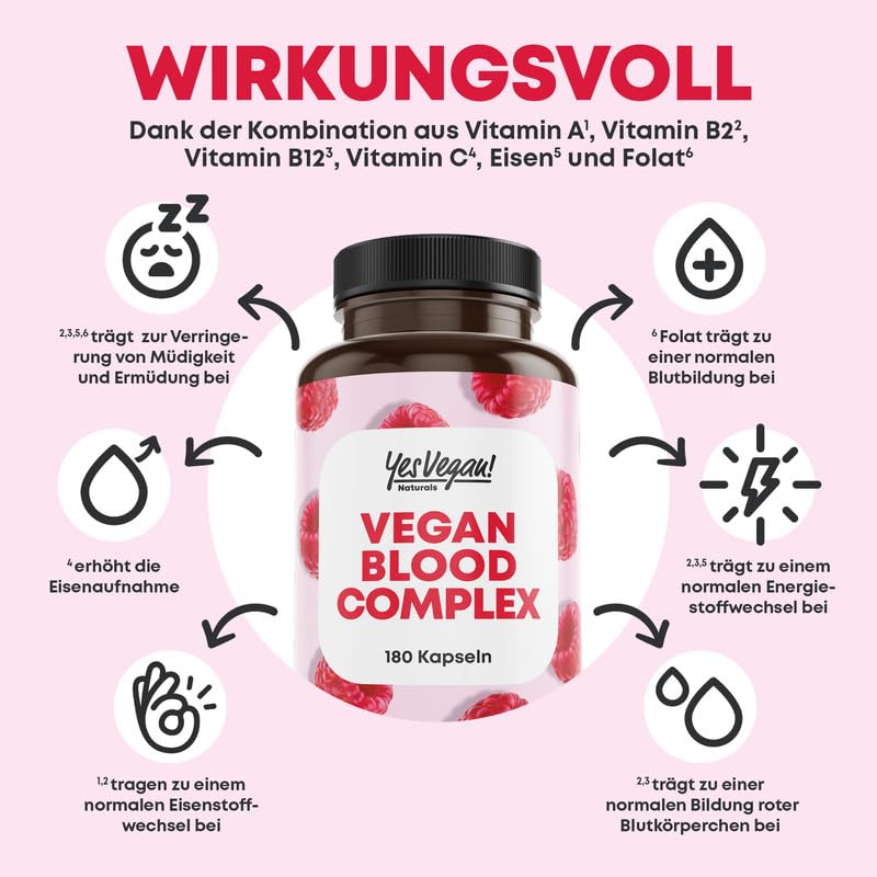 Eisen hochdosiert (6x 180 Kapseln) mit Vitamin A, Vitamin B2 und B12, Folsäure, Vitamin C und Superfoods - gegen Eisenmangel - Alternative zu Eisentabletten