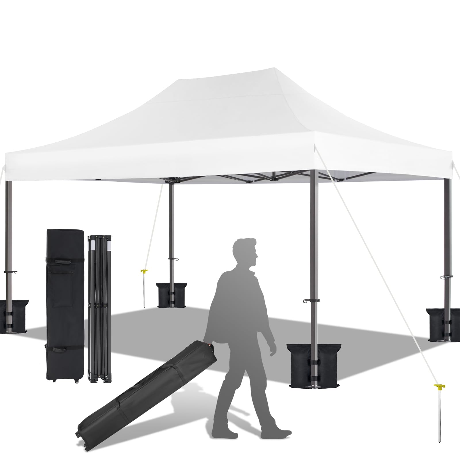 10x15 Canopy Tent with Roller Bag, Thicken Frame Commercial Pop Up Tent, 1 Person Set Up, 4 Stakes & 4 Sandbags & 4 Ropes, Outdoor Canopies for Patio, Parties, White