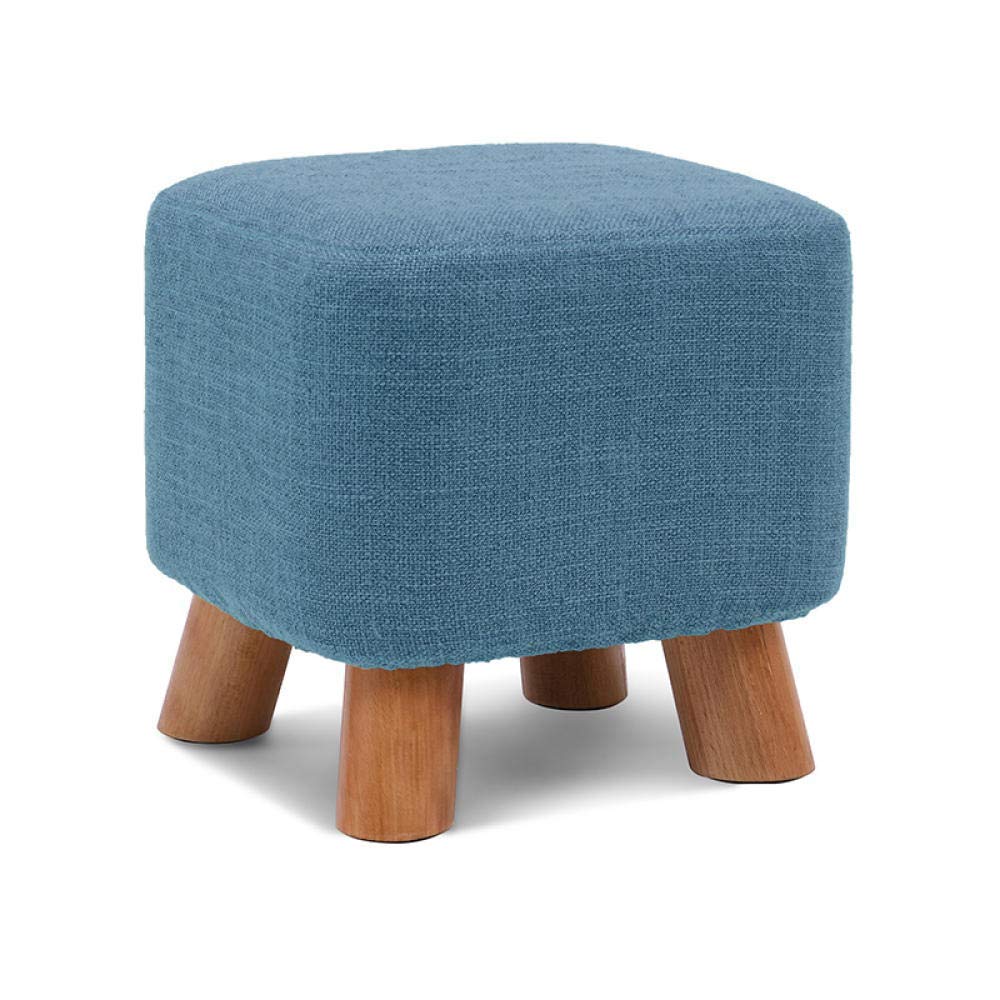 Petit tabouret en bois ottoman bleu pouf de salon carré 4 pieds en lin