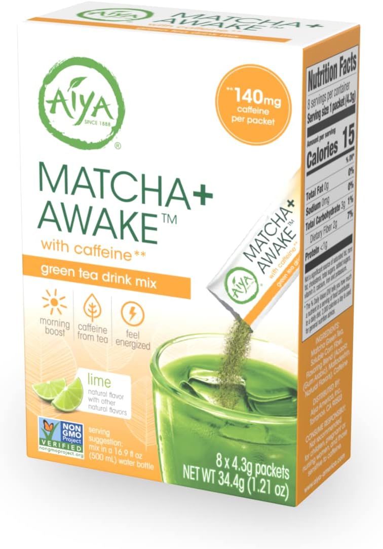 Aiya Matcha+ Awake™ - Lime Flavored Matcha Energy Drink Mix - 140mg Caffeine per Packet - Premium Japanese Matcha Green Tea Powder - On-the-Go Energy Boost - 8 Sticks