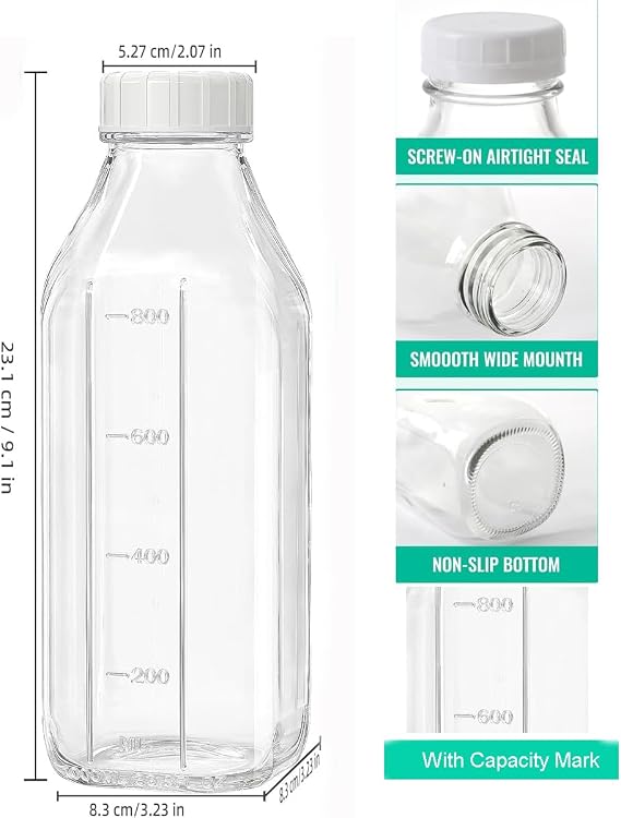 4 Pack 1000ml/33.8oz Liter Glass Milk Bottles with Lid,Reusable Dairy Drinking Bottles with Capacity Mark With 3pcs Silicone Bottle Dispenser for Juices, Dressings, Sauces, Beverages (4 Pack)