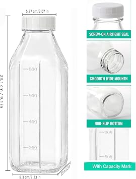 4 Pack 1000ml/33.8oz Liter Glass Milk Bottles with Lid,Reusable Dairy Drinking Bottles with Capacity Mark With 3pcs Silicone Bottle Dispenser for Juices, Dressings, Sauces, Beverages (4 Pack)
