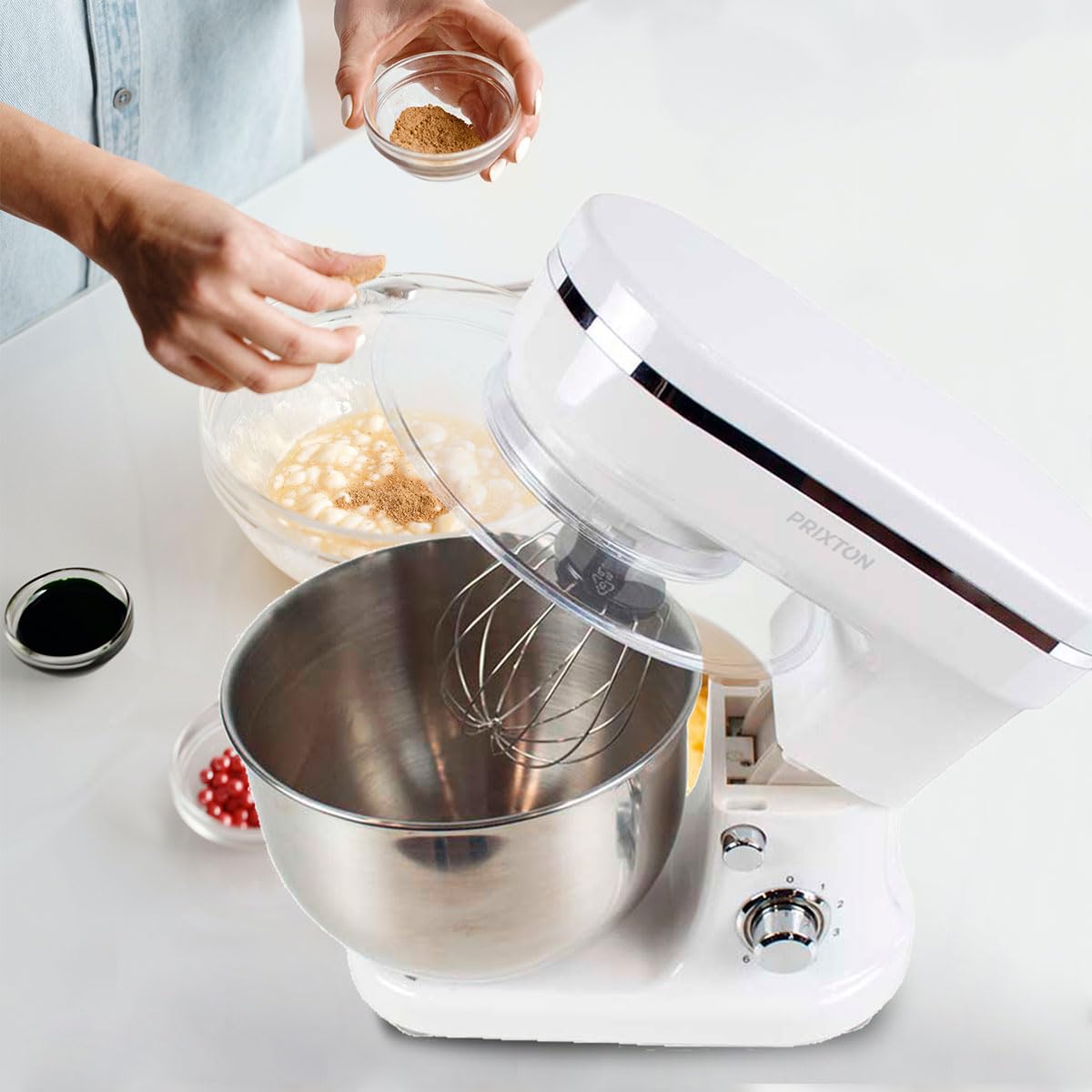 PRIXTON Batidora Amasadora KR200 para Repostería, Potencia 1200W, 6 Velocidades, Bol Acero Inoxidable de 5 litros, 3 accesorios, Tapa Transparente, Color Blanco