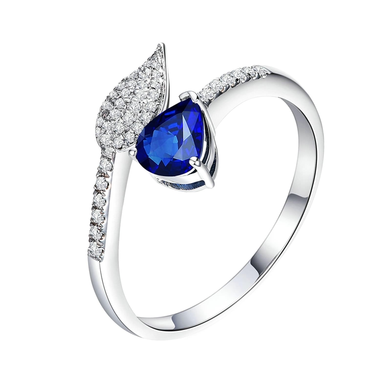 Eheringe Lesben, Ring Damen Ausfallend Verstellbar 18 Karat Weißgold Lab Saphir 0.52CT Blau Tropfenschliff VVS mit Diamant Natur Weiß Npassbar