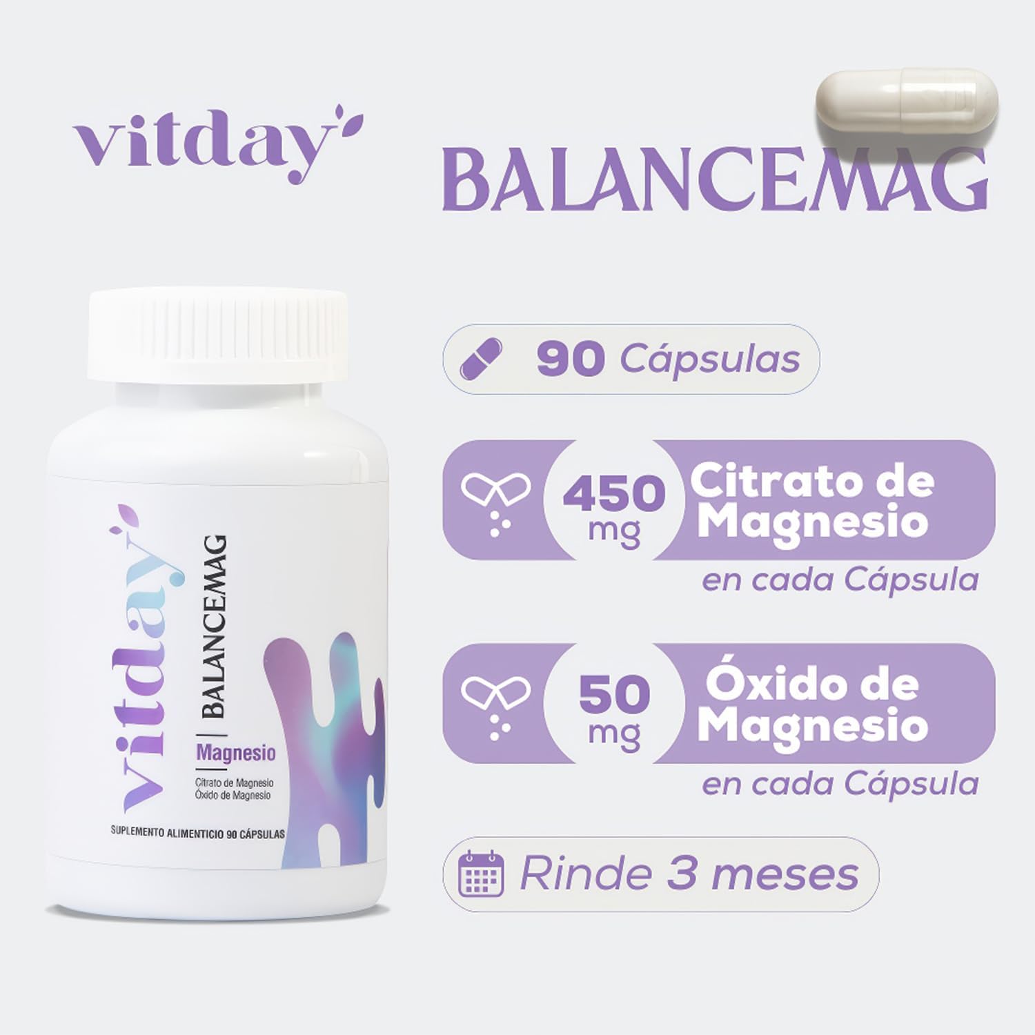 Citrate and Pure Magnesium Oxide 500mg - High Absorption No Preservative 100% Natural Ingredients - Balancemag Vitday 90 Capsules, White