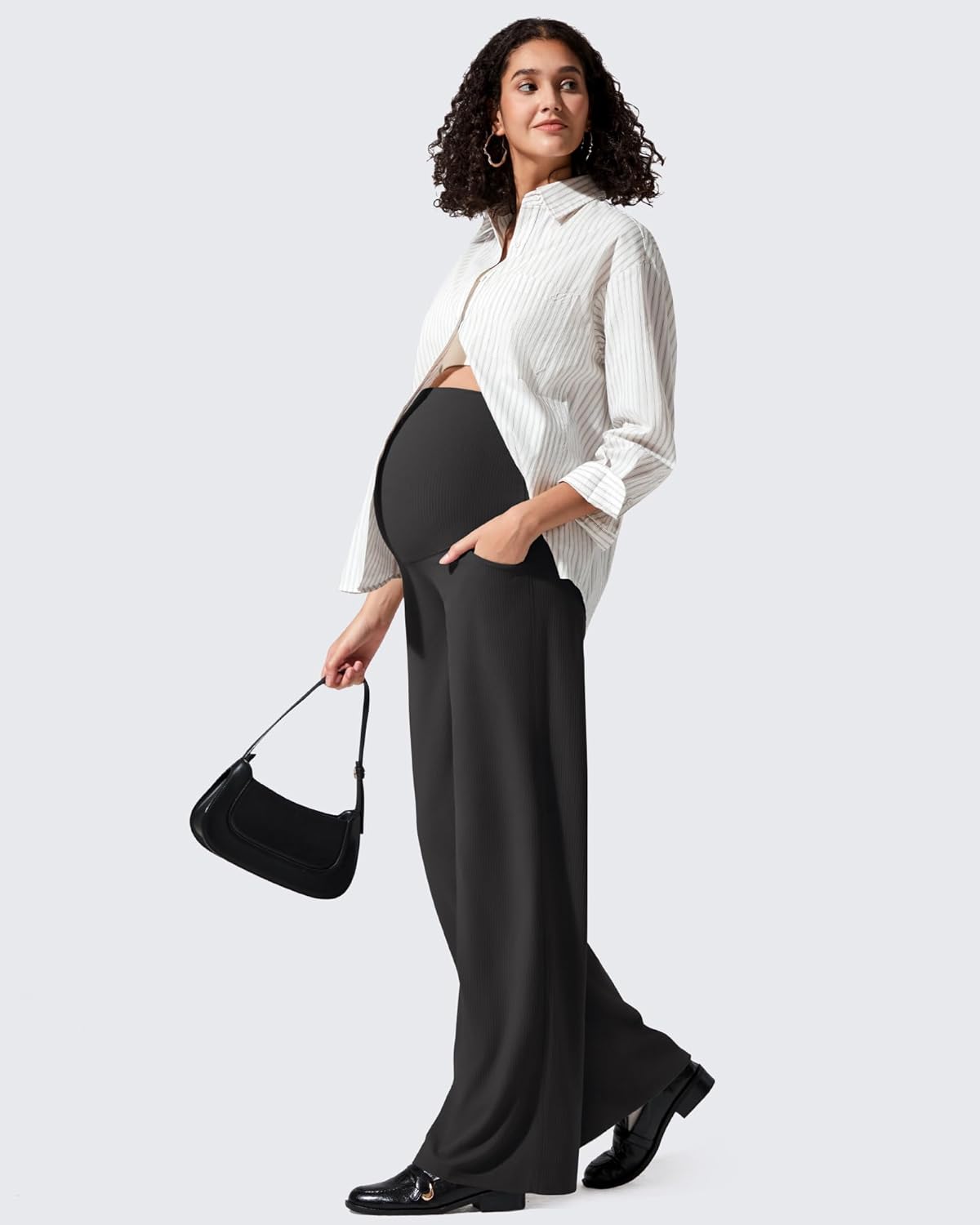 G4Free Maternity Lounge Pants with Pockets Over The Belly Stretchy Workout Pregnancy Wide Leg Trousers(Black,L,Regular) - Image 6