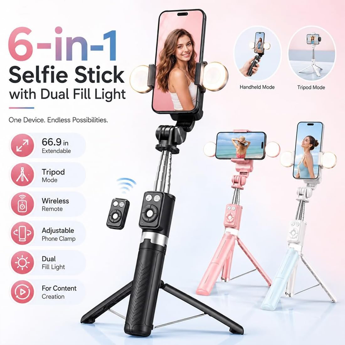 Bastone per selfie 6 in 1 con luce di riempimento, selfie con tracciamento automatico del viso, treppiedi con telecomando, 6 in 1, wireless, Bluetooth, per iPhone, Samsung, Android, rosa + bianco