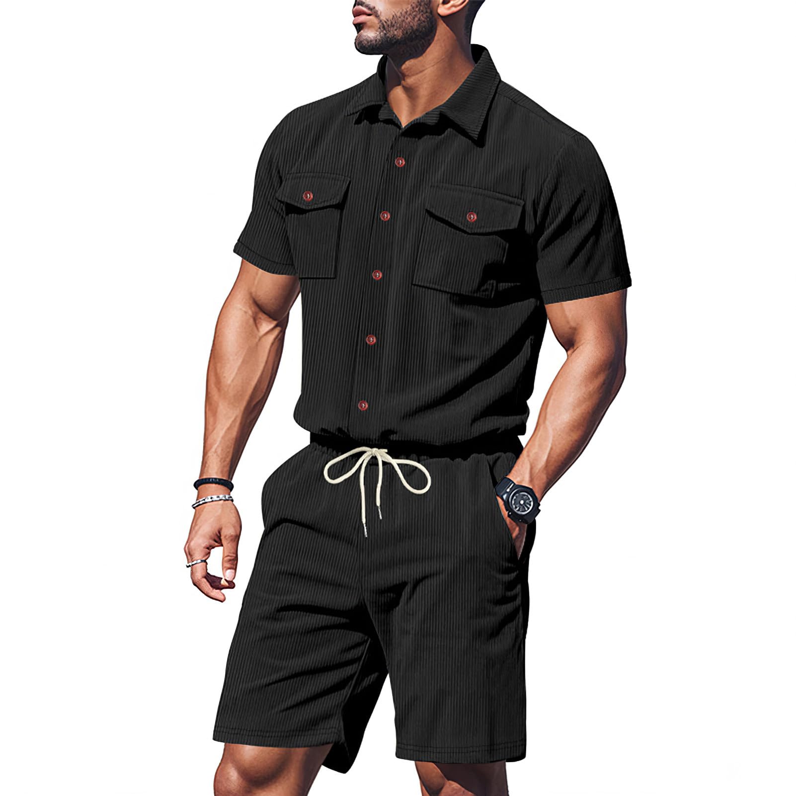 amropi Uomo Tuta Pantaloncini 2 Pezzi Corduroy Maniche Corte Camicia Bottone Estiva Sportiva Completo