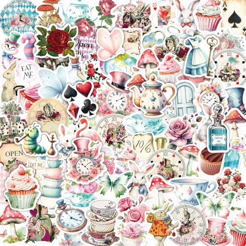 100Pcs Alice Stickers Vinyl Waterproof Alice and Wonderland Tea P...