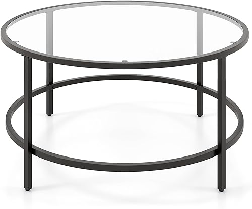 Miniatura 9 de Giantex Mesa de centro redonda de 36 pulgadas de D, moderna mesa de centro con mesa de vidrio templado, marco de metal y almohadillas ajustables