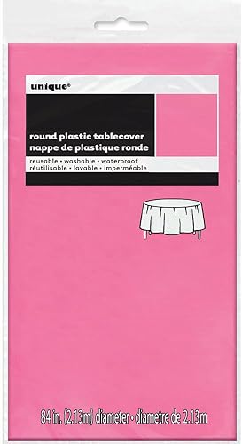 Miniatura 2 de Mantel redondo de plástico sólido rosa intenso (84 pulgadas), 1 unidad, diseño elegante y calidad premium, ideal para fiestas, eventos y uso diario