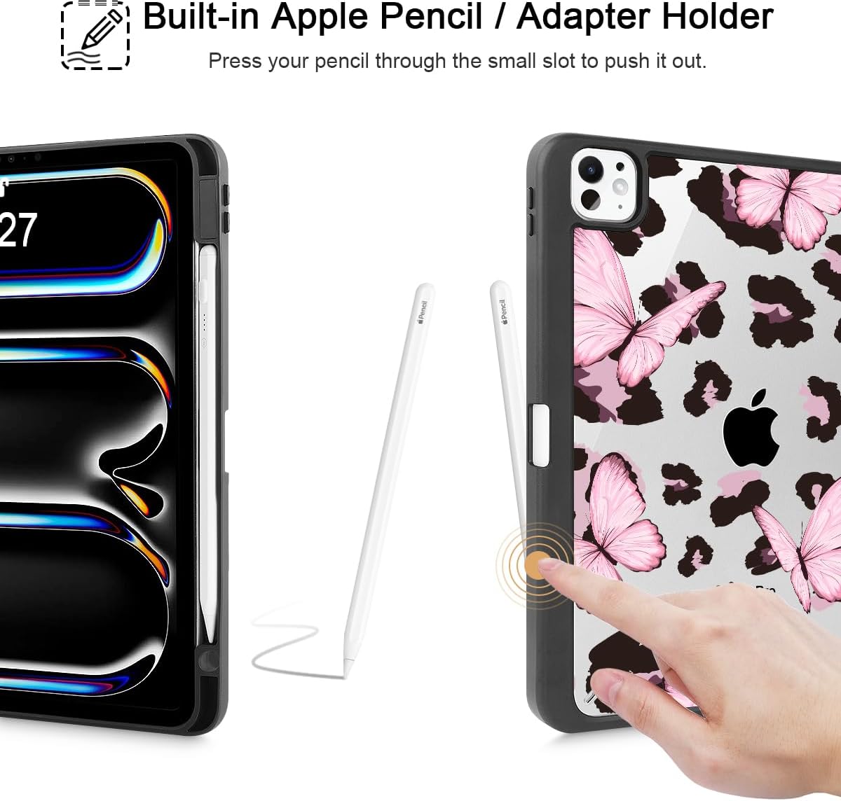 Mektron Case for M5/ M4 iPad Pro 11 inch 2025/2024 with Pencil Holder, Compatible Models: A3357/A3358/A3359/A2836/A2837/A3006, Shockproof Cover Clear Shell, Leopard Pink Butterfly