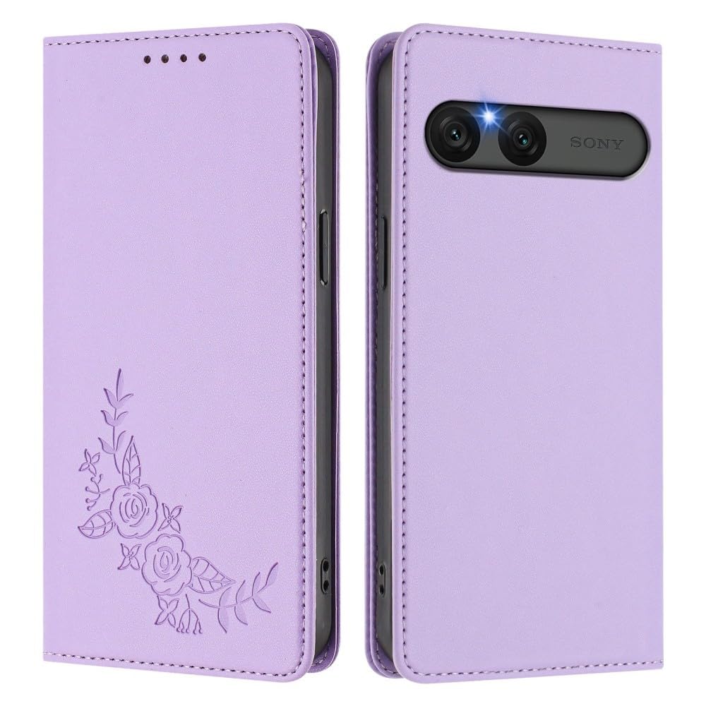 Generic Custodia compatibile con Sony Xperia 1 VII (Couleur: viola chiaro) motivo fiori laterali in pelle custodia flip magnetica
