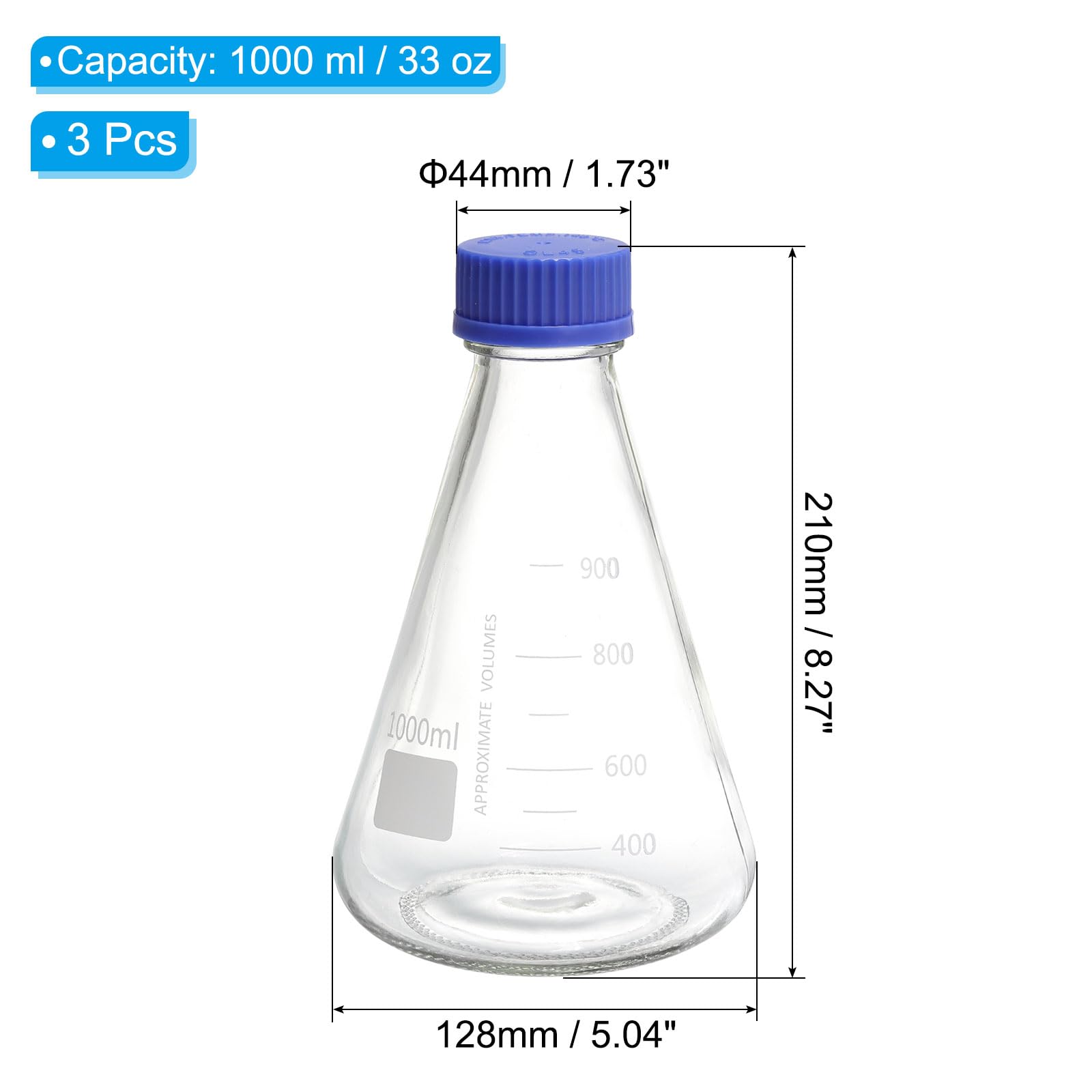 PATIKIL Matraz Erlenmeyer 3 Piezas 1000Ml con Boca Estrecha Y Tapa de Rosca Matraces de Vidrio de Borosilicato con Graduación Impresa para Laboratorio Química Experimentos, Azul