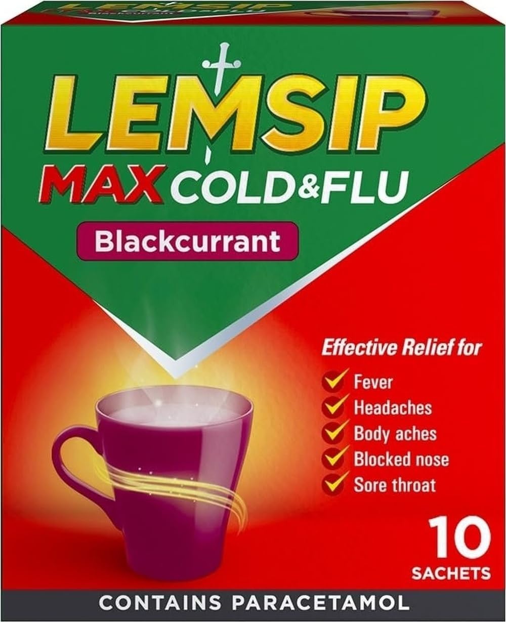 Lemsip Max Cold And Flu Sachets, Blackcurrant, 10 Total, Paracetamol, Cold And Flu, Headache, Blocked Nose Relief, Sore Throat, Reduces Fever, Pain Relief, Full Relief, Cold And Flu, Medication