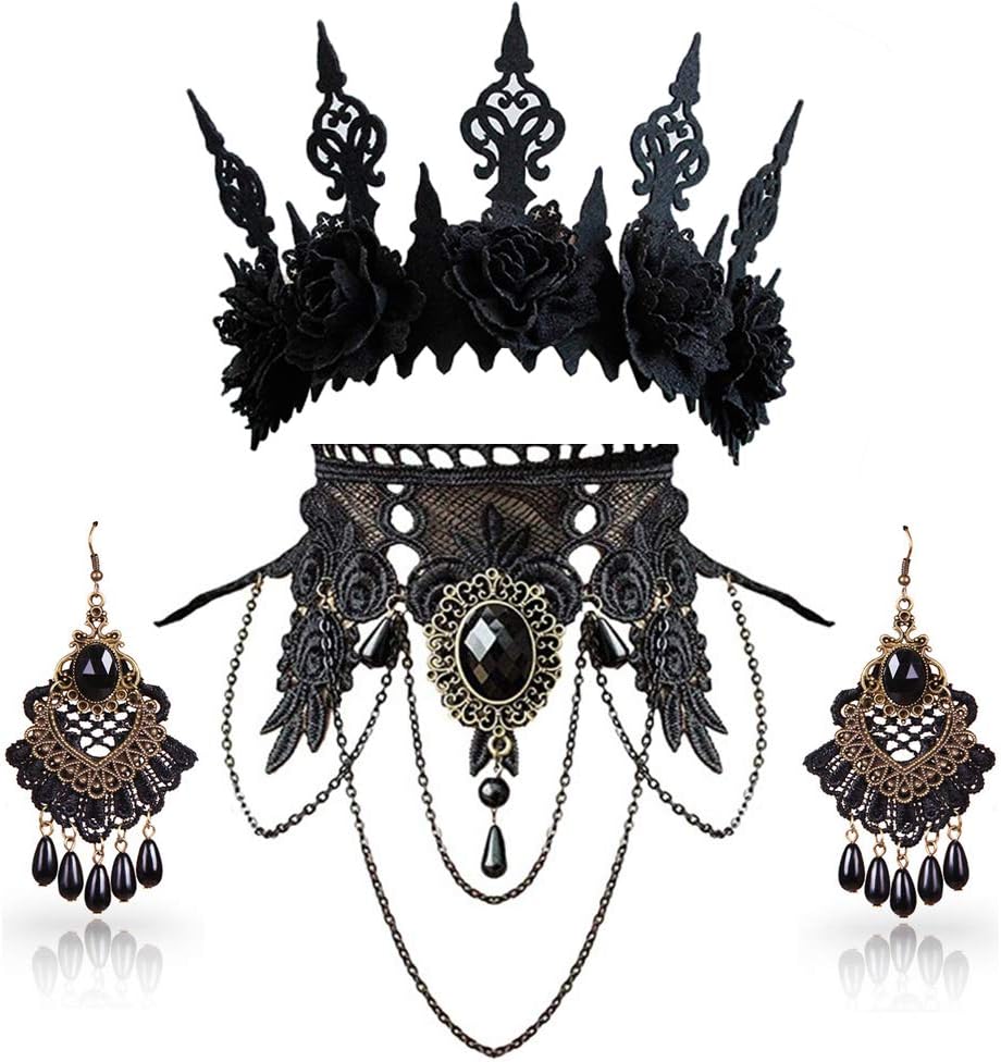 Halloween Costumes Accessories Set for Women - Punk Snake Collar Necklace Bracelet,Vampire Crown Headband and Earrings Gothic Lace Choker Jewelry Halloween Cosplay Party Supplies