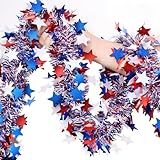 4th of July Garland Decorations,50Ft Glitter Tinsel Patriotic Decor for Tree Car Golf Cart Parade Float Bike Party Table Yard Door Boat Indoor Outdoor Holiday Home
