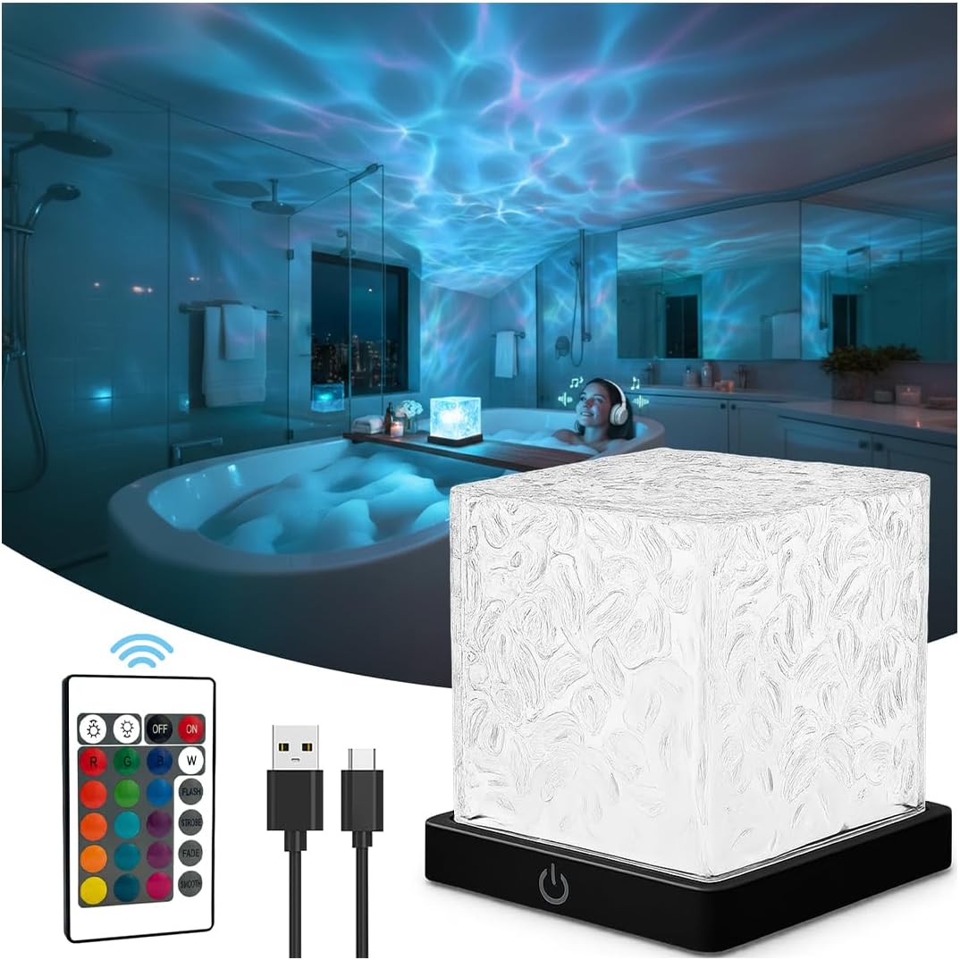 Rechargeable Shower Light Cube, 16 Colors Ocean Lamp, Waterproof Bathroom Mood Lighting, Ocean Wave Projector with Remote, Shower Mood Light, Bathtub Lights for Relaxing Spa, Bedroom Decor (Black)
