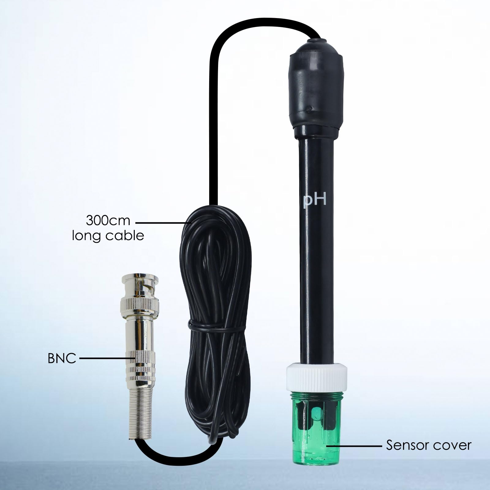 Sonda elettrodo pH sostituibile con connettore BNC - Cavo lungo 300 cm - Include polvere per calibrazione - Per pH metri, controller, test acque, laboratori, piscine e spa